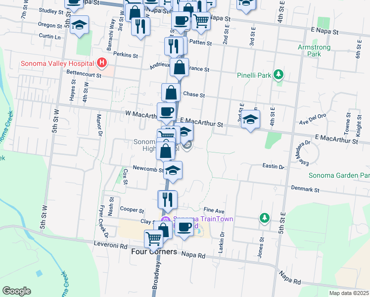 map of restaurants, bars, coffee shops, grocery stores, and more near 1274 Broadway in Sonoma