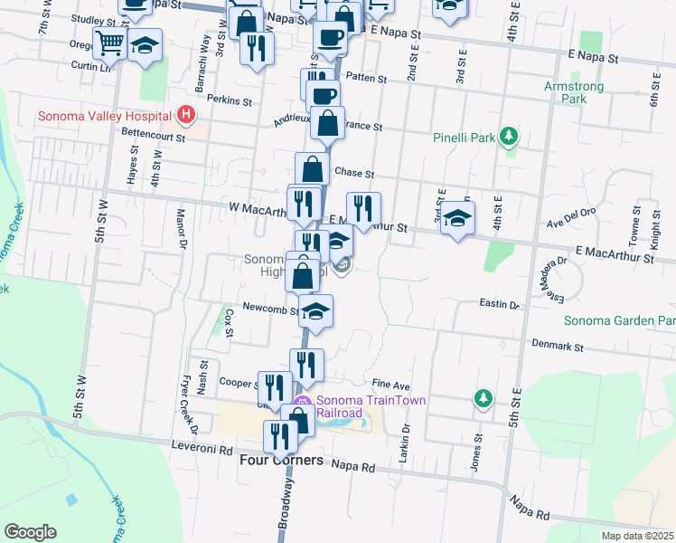 map of restaurants, bars, coffee shops, grocery stores, and more near 1272 Broadway in Sonoma