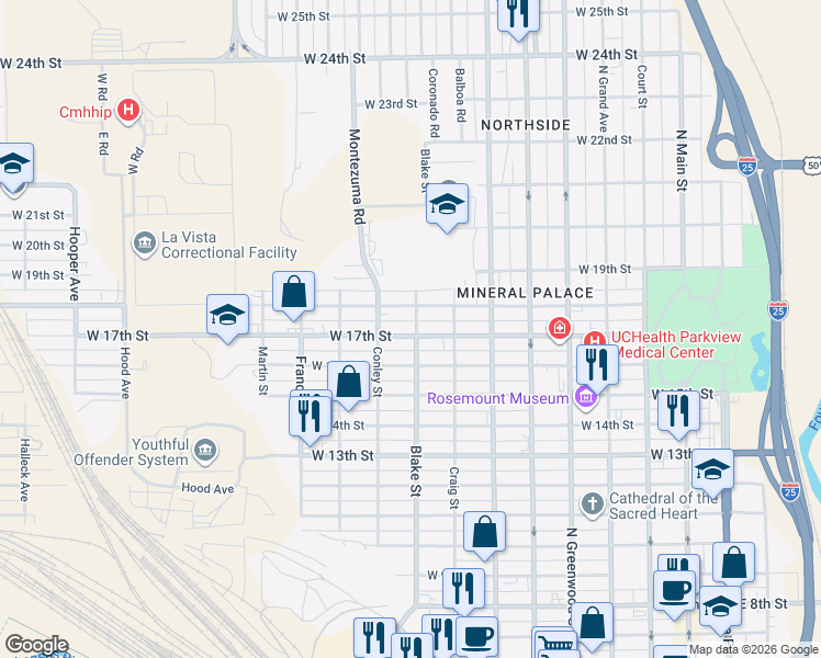 map of restaurants, bars, coffee shops, grocery stores, and more near 1712 Blake Street in Pueblo