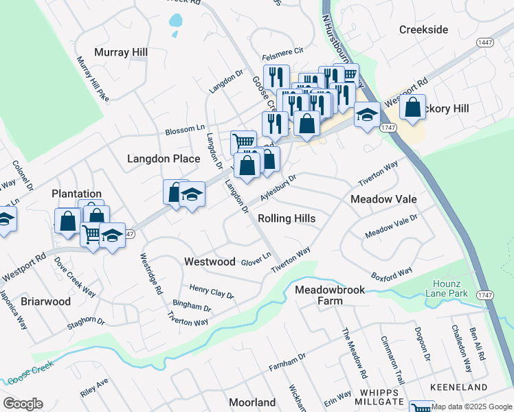 map of restaurants, bars, coffee shops, grocery stores, and more near 9306 Aylesbury Drive in Louisville