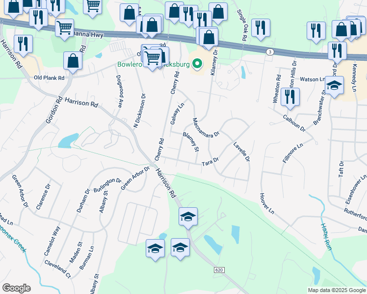 map of restaurants, bars, coffee shops, grocery stores, and more near 713 Kilarney Drive in Fredericksburg