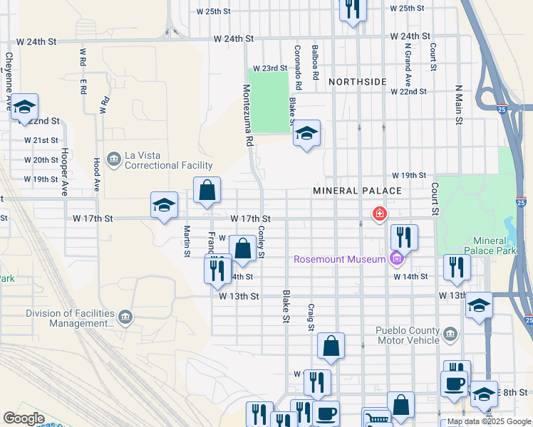 map of restaurants, bars, coffee shops, grocery stores, and more near 929 West 17th Street in Pueblo