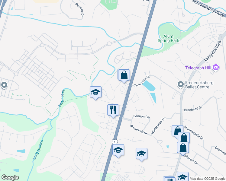 map of restaurants, bars, coffee shops, grocery stores, and more near 1202 Townsend Boulevard in Fredericksburg