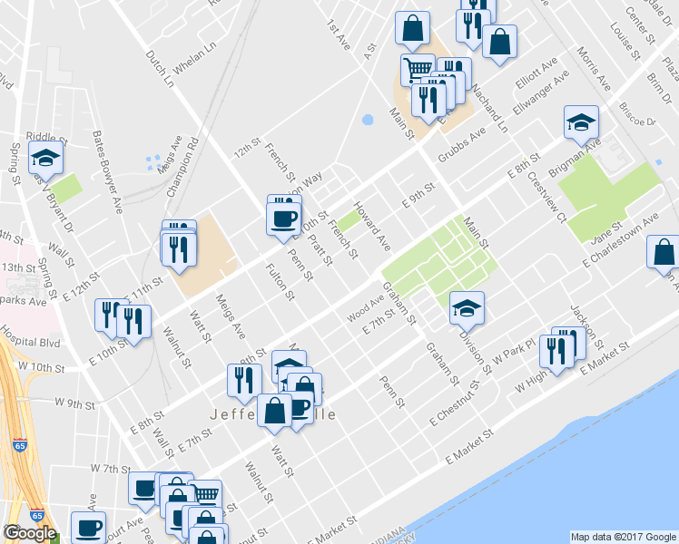 map of restaurants, bars, coffee shops, grocery stores, and more near 814 Pratt Street in Jeffersonville