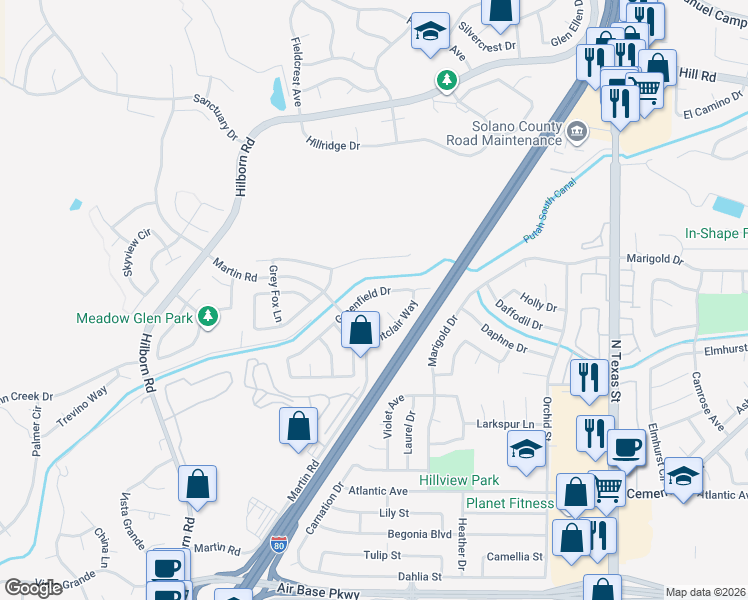 map of restaurants, bars, coffee shops, grocery stores, and more near 2171 Greenfield Drive in Fairfield