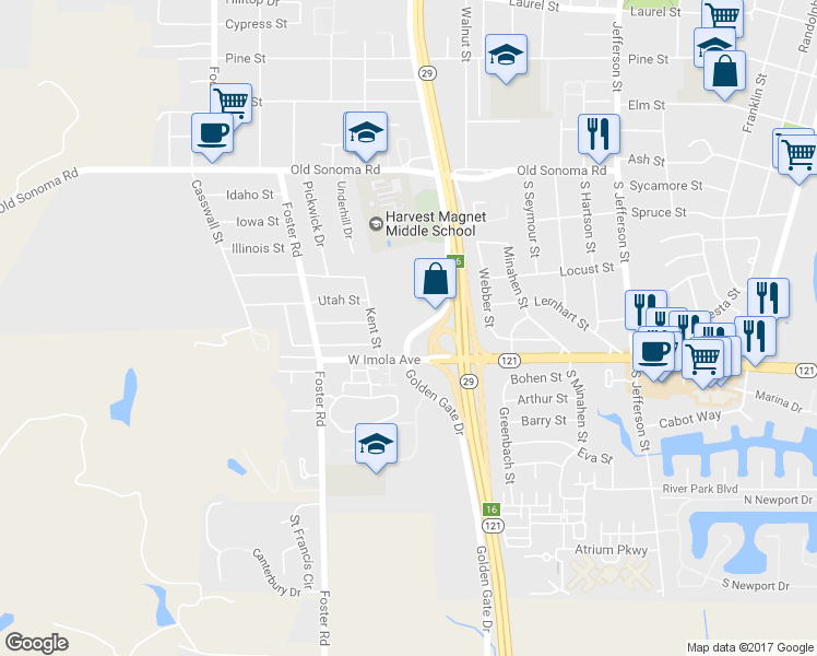 map of restaurants, bars, coffee shops, grocery stores, and more near 769 S Freeway Dr in Napa
