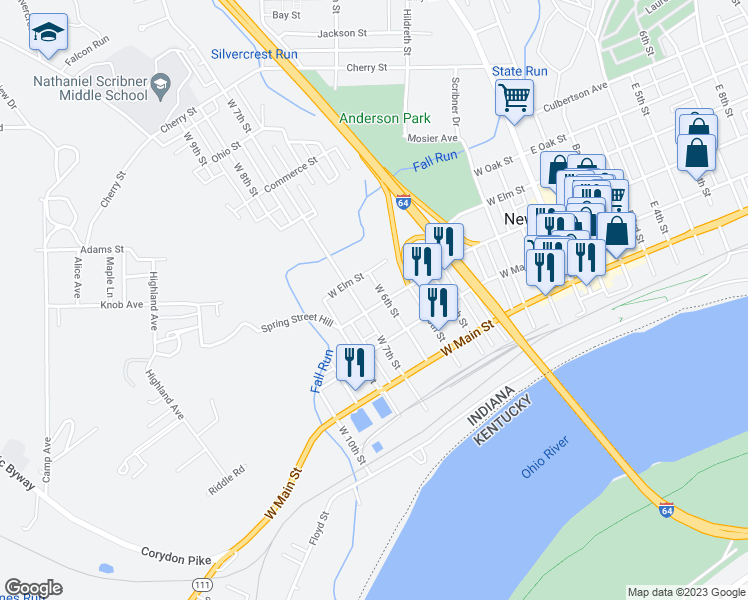 map of restaurants, bars, coffee shops, grocery stores, and more near 610 West Spring Street in New Albany