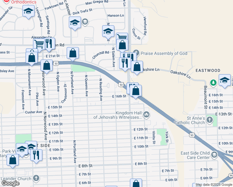 map of restaurants, bars, coffee shops, grocery stores, and more near 1699 North Salem Avenue in Pueblo