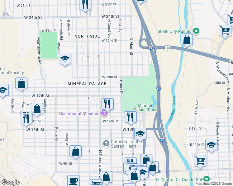 map of restaurants, bars, coffee shops, grocery stores, and more near 1720 North Grand Avenue in Pueblo