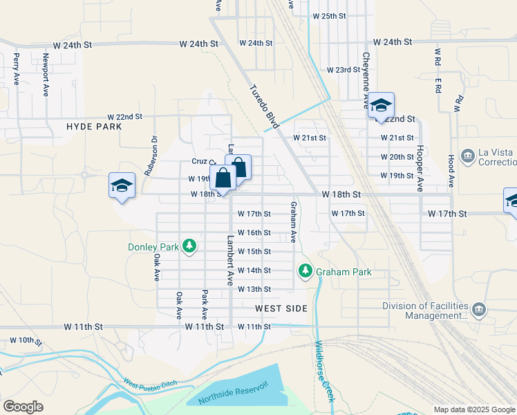 map of restaurants, bars, coffee shops, grocery stores, and more near 2105 West 17th Street in Pueblo