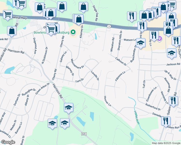 map of restaurants, bars, coffee shops, grocery stores, and more near 5054 Tara Drive in Fredericksburg