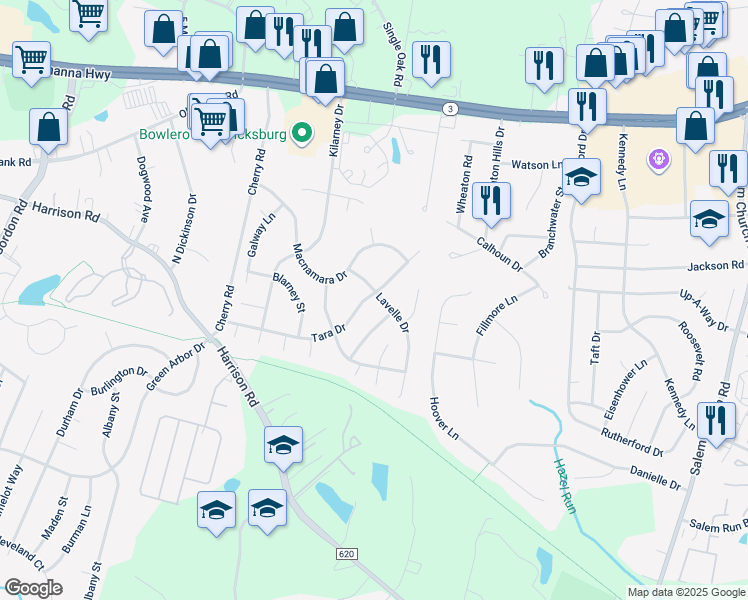 map of restaurants, bars, coffee shops, grocery stores, and more near 5054 Tara Drive in Fredericksburg