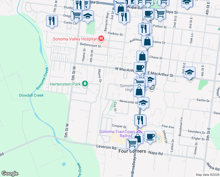 map of restaurants, bars, coffee shops, grocery stores, and more near 1025 Fryer Creek Drive in Sonoma