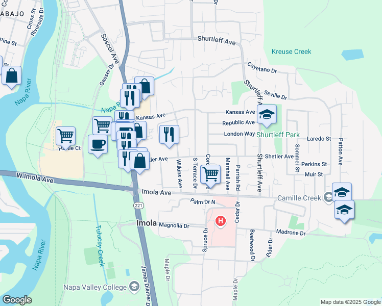 map of restaurants, bars, coffee shops, grocery stores, and more near 1082 Shetler Avenue in Napa
