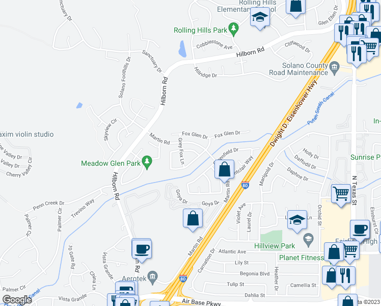 map of restaurants, bars, coffee shops, grocery stores, and more near 2231 Silver Fox Circle in Fairfield