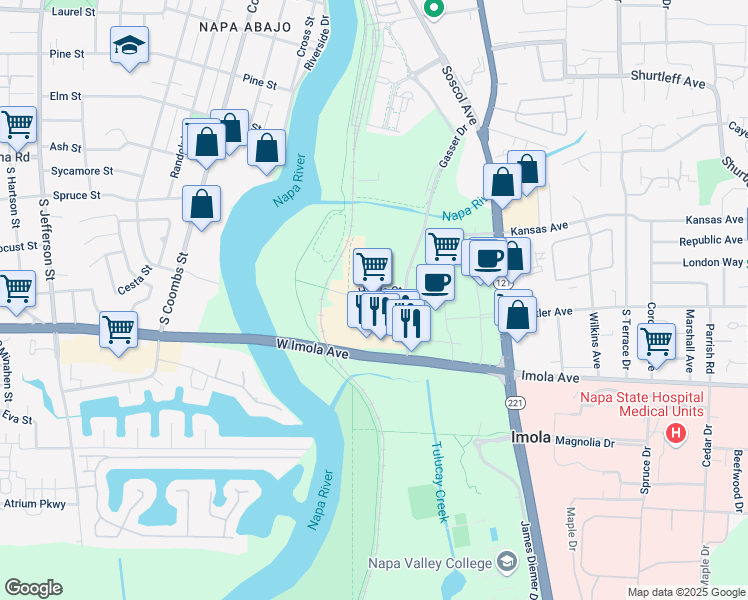map of restaurants, bars, coffee shops, grocery stores, and more near 195 Gasser Drive in Napa