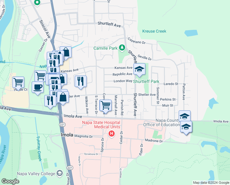 map of restaurants, bars, coffee shops, grocery stores, and more near 1136 Shetler Avenue in Napa