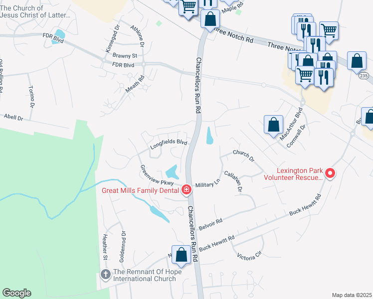 map of restaurants, bars, coffee shops, grocery stores, and more near 22384 Douglas Court in Great Mills