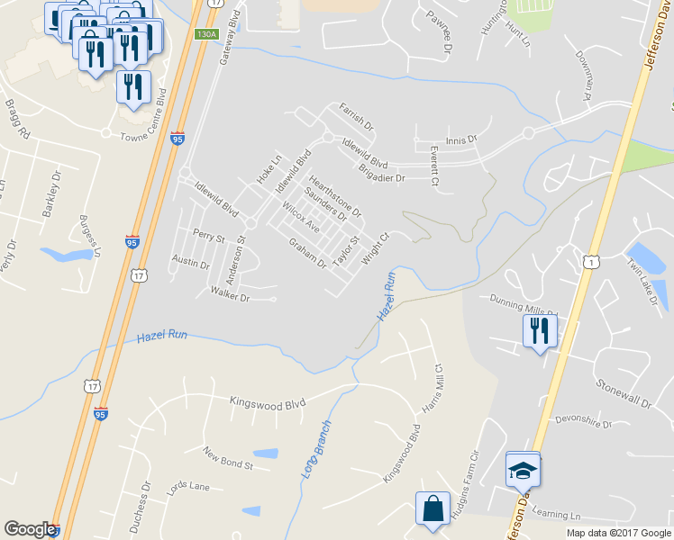 map of restaurants, bars, coffee shops, grocery stores, and more near 1007 Graham Drive in Fredericksburg