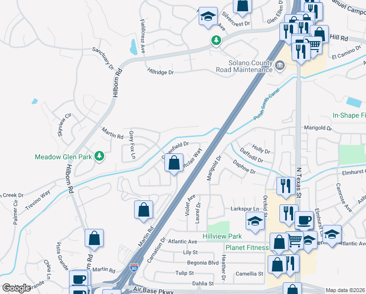 map of restaurants, bars, coffee shops, grocery stores, and more near 2171 Greenfield Drive in Fairfield