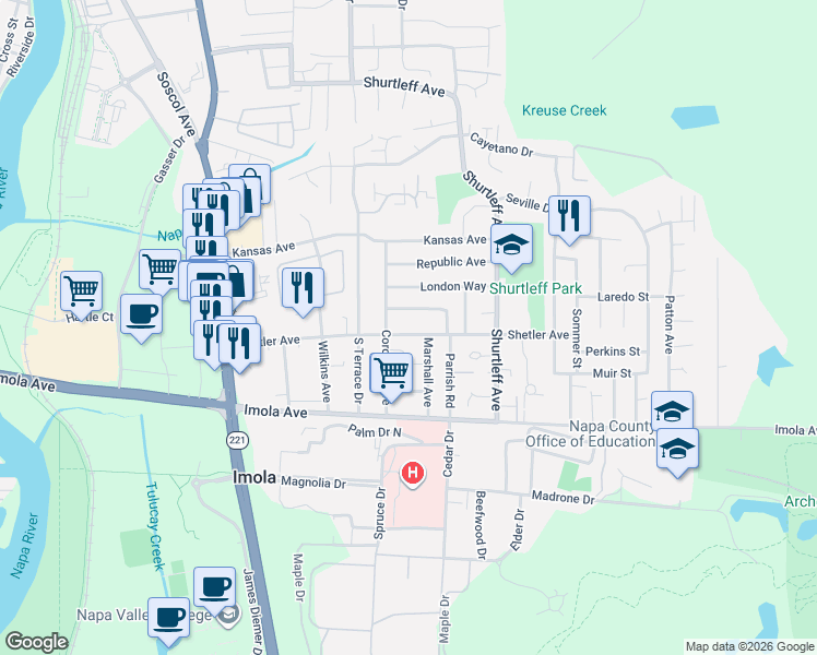 map of restaurants, bars, coffee shops, grocery stores, and more near 1136 Shetler Avenue in Napa