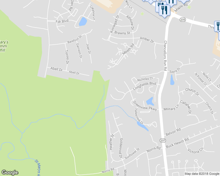 map of restaurants, bars, coffee shops, grocery stores, and more near 45526 Longfields Boulevard in Great Mills