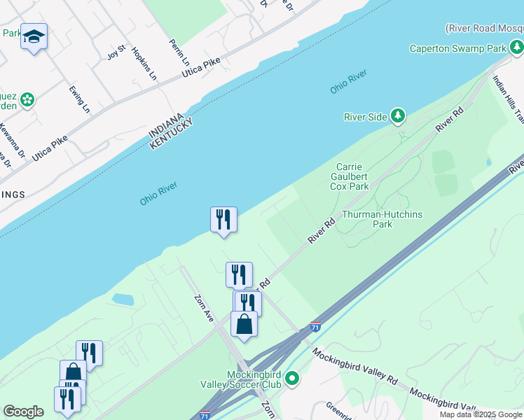 map of restaurants, bars, coffee shops, grocery stores, and more near 2805 Waldoah Beach Road in Louisville