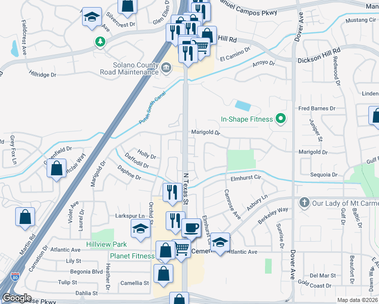 map of restaurants, bars, coffee shops, grocery stores, and more near 150 Sundial Court in Fairfield