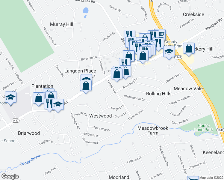 map of restaurants, bars, coffee shops, grocery stores, and more near 2504 Langdon Drive in Louisville