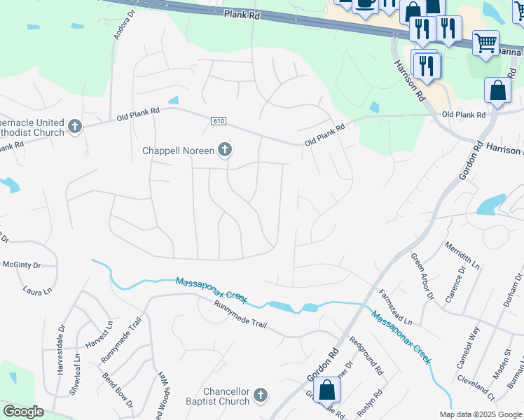 map of restaurants, bars, coffee shops, grocery stores, and more near 11813 Arbor Glen Drive in Fredericksburg