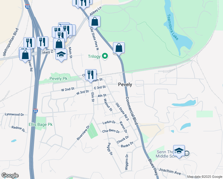map of restaurants, bars, coffee shops, grocery stores, and more near 304 Old State Road South in Pevely