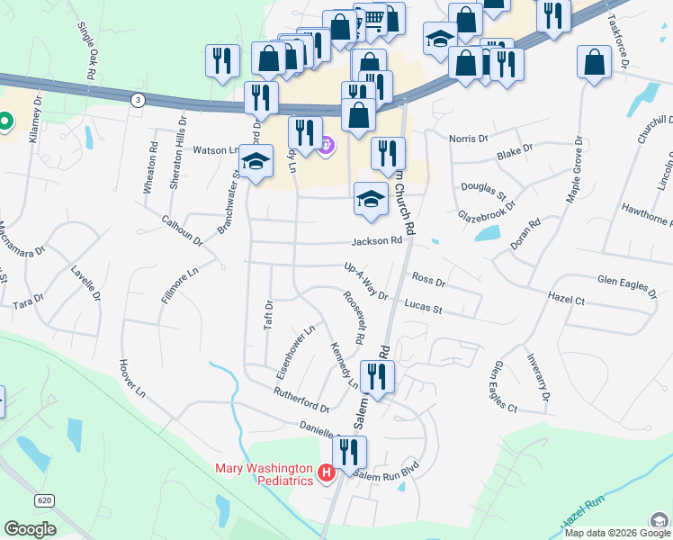 map of restaurants, bars, coffee shops, grocery stores, and more near 5724 Up-A-Way Drive in Fredericksburg