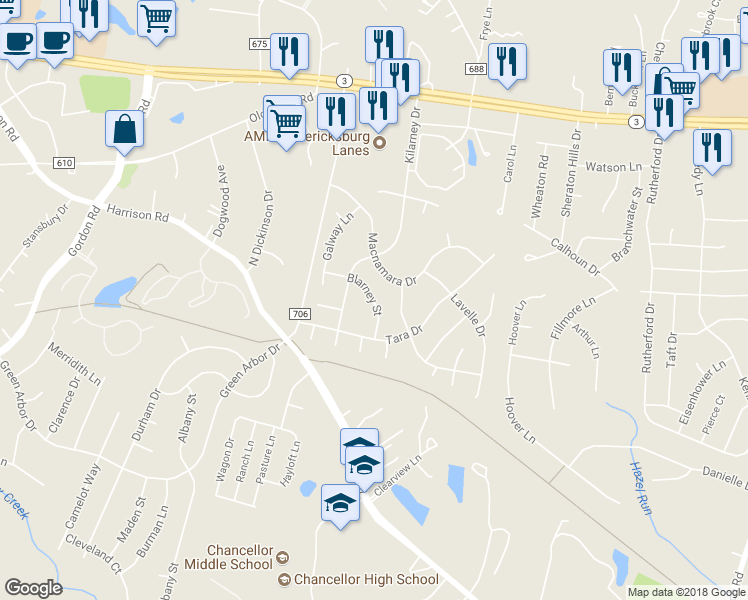 map of restaurants, bars, coffee shops, grocery stores, and more near 5085 Blarney Street in Fredericksburg