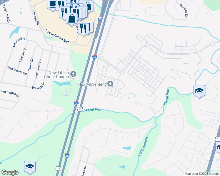 map of restaurants, bars, coffee shops, grocery stores, and more near 1201 Walker Drive in Fredericksburg