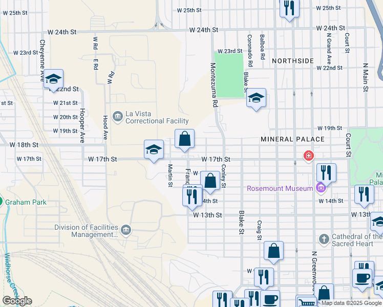 map of restaurants, bars, coffee shops, grocery stores, and more near 1127 West 17th Street in Pueblo