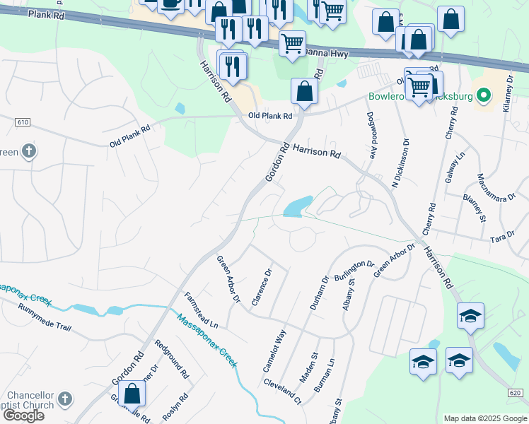 map of restaurants, bars, coffee shops, grocery stores, and more near 6618 Twin Cedars Court in Fredericksburg