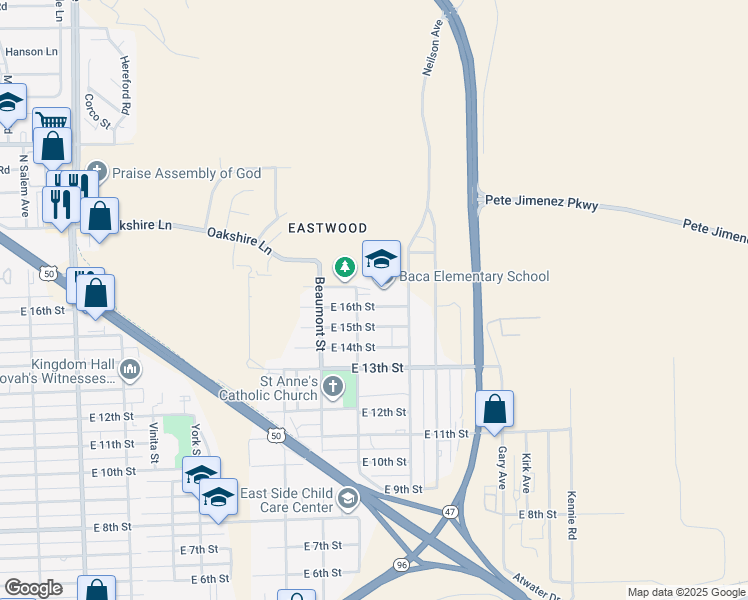map of restaurants, bars, coffee shops, grocery stores, and more near 2807 East 16th Street in Pueblo