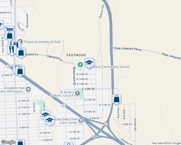 map of restaurants, bars, coffee shops, grocery stores, and more near 2807 East 16th Street in Pueblo