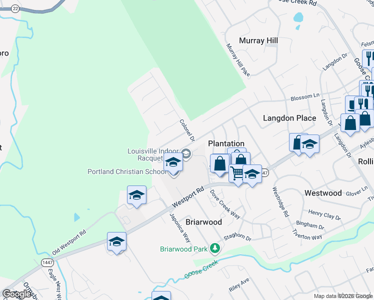 map of restaurants, bars, coffee shops, grocery stores, and more near 8512 Blossom Lane in Louisville