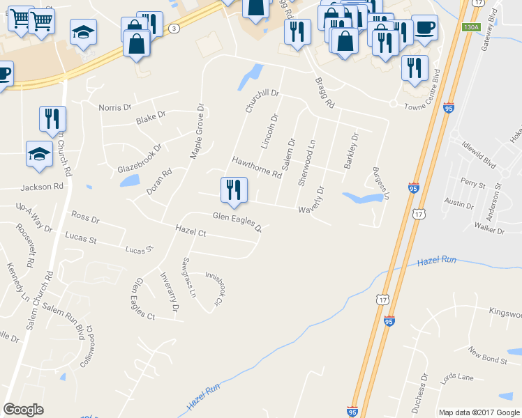 map of restaurants, bars, coffee shops, grocery stores, and more near 3408 Waverly Drive in Fredericksburg