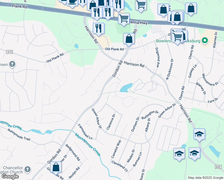 map of restaurants, bars, coffee shops, grocery stores, and more near 6618 Twin Cedars Court in Fredericksburg