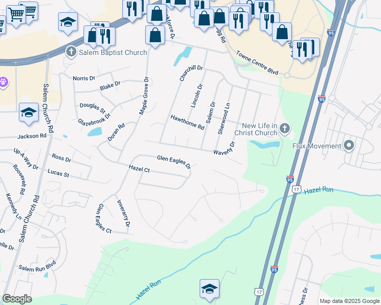 map of restaurants, bars, coffee shops, grocery stores, and more near 3408 Waverly Drive in Fredericksburg