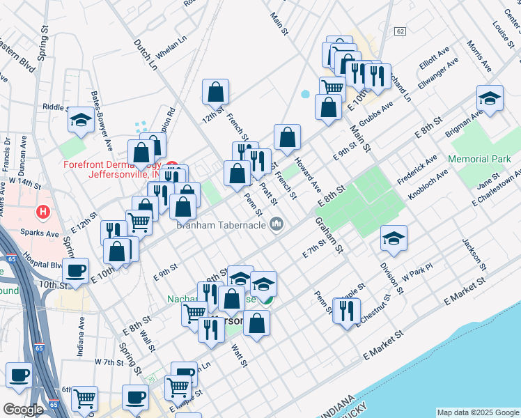 map of restaurants, bars, coffee shops, grocery stores, and more near 902 Penn Street in Jeffersonville
