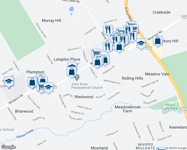 map of restaurants, bars, coffee shops, grocery stores, and more near 2504 Langdon Drive in Louisville
