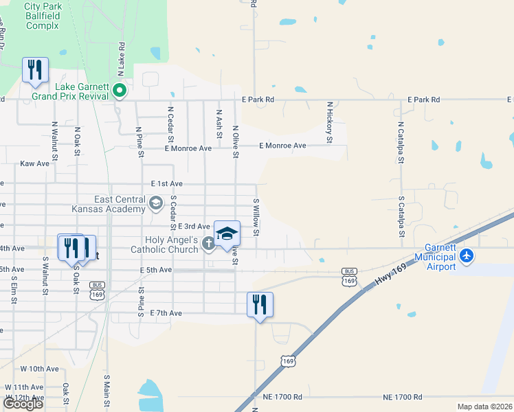 map of restaurants, bars, coffee shops, grocery stores, and more near 200 South Willow Street in Garnett