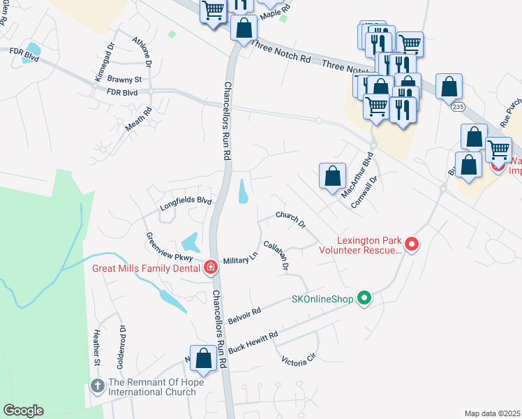 map of restaurants, bars, coffee shops, grocery stores, and more near 45774 Church Drive in Great Mills