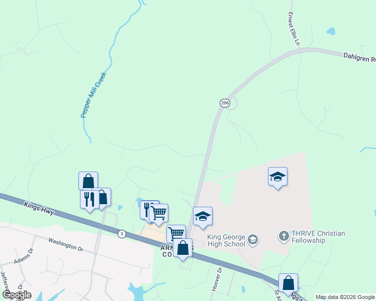 map of restaurants, bars, coffee shops, grocery stores, and more near 8465 Delegate Drive in King George