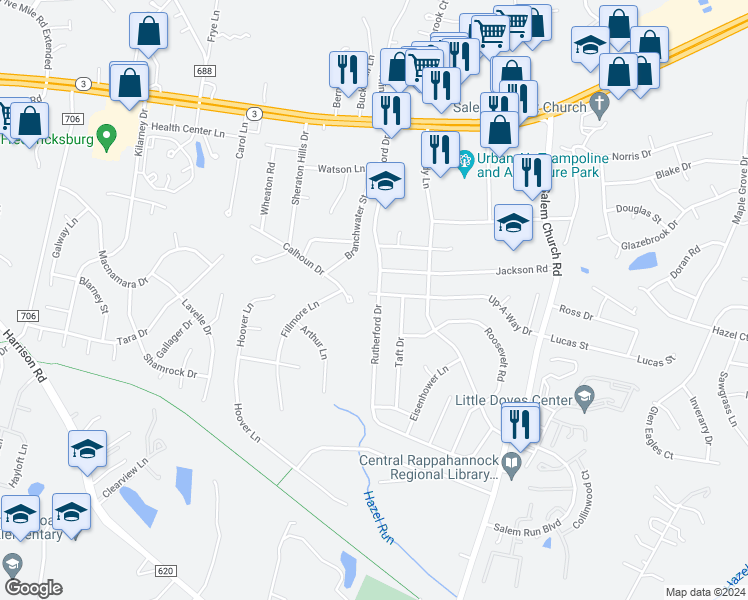 map of restaurants, bars, coffee shops, grocery stores, and more near 11832 Rutherford Drive in Fredericksburg