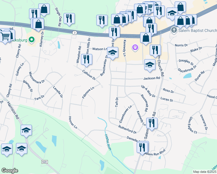 map of restaurants, bars, coffee shops, grocery stores, and more near 11832 Rutherford Drive in Fredericksburg