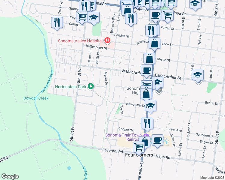 map of restaurants, bars, coffee shops, grocery stores, and more near 1025 Fryer Creek Drive in Sonoma